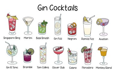 Klasik cin bazlı kokteyl seti Cin ve Tonik, Ramos Fizz, Bramble, Basil Smash, Negroni, Aviation, Clover Club, Monkey Bez, Casino vs. Çizgi film karalama biçimi vektör çizimi