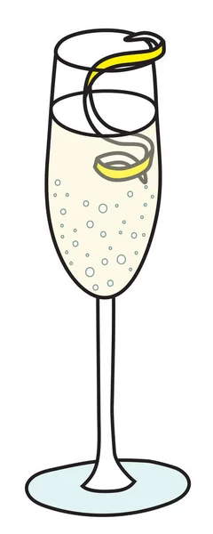 Francês 75 clássico IBA listado cocktail em vidro de flauta. Um vinho espumante transparente e uma bebida à base de gin enfeitaram uma torção de raspas de limão. Elegante desenho à mão doodle desenho animado estilo ilustração vetorial — Vetor de Stock