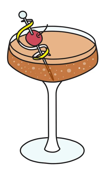 Champagner-Klassiker IBA gelistet Cocktail im Flötenglas. Ein Sekt und Cognacgetränk, garniert mit Zitronenschale und Kirschen. Stilvolle handgezeichnete Doodle-Cartoon-Vektor-Illustration — Stockvektor