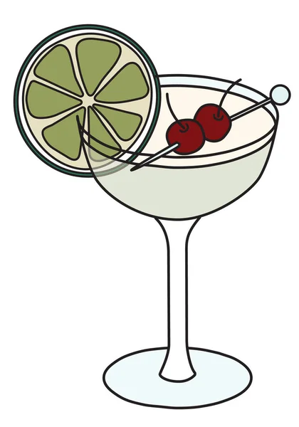 ヘミングウェイフルートグラスに並ぶスペシャルクラッシックIBAカクテル。ラム酒をベースにしたドリンクはライムとチェリーのスライスを添えました。おしゃれな手描きのドア漫画ヒップスタースタイルのベクトルイラスト — ストックベクタ