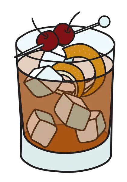 Vieux Carre经典IBA在石杯中列出了鸡尾酒。白兰地和威士忌为基础的饮料装饰橙色扭曲和樱桃。时尚的手绘涂鸦卡通嬉皮士风格矢量插图. — 图库矢量图片