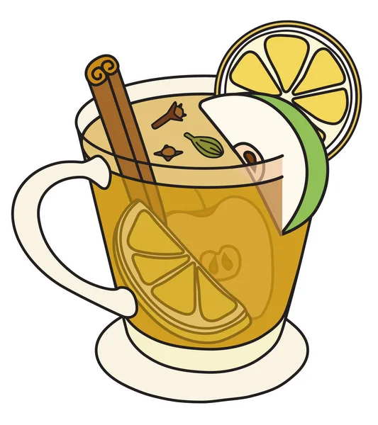 Tvättsvans varm äppelcider traditionell vinter cocktail. Snygg handritad doodle tecknad stil vinter eller höst varm dryck i en mugg garnerad med äpple och citron, kryddnejlika, kardemumma och kanel — Stock vektor