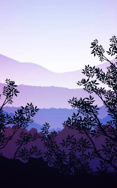 Natürliche Waldberge Horizont Hügel Silhouetten Von Bäumen Abendlicher Sonnenaufgang Und Stockillustration