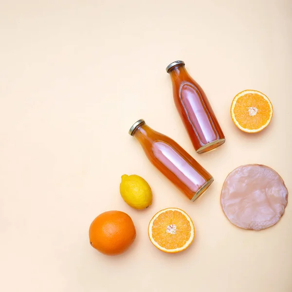 Two Bottles Kombucha Tea Scoby Citrus Fruits Additional Flavors Yellow Stock Photo