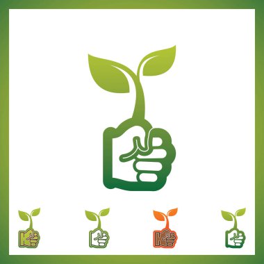 Bitki çizgisi simgesinin bakımı. El ele tutuşmak, fidan, yaprak. Bahçe işleri konsepti. Vektör illüstrasyonu büyüme, ekme, ekoloji gibi konularda kullanılabilir