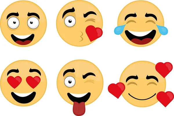 Ilustração Vetorial Emoticons Com Expressões Felizes Apaixonadas Festivas — Vetor de Stock