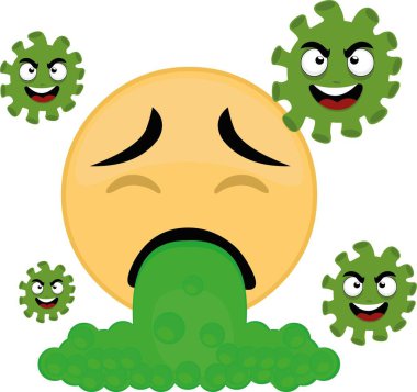 Covid-19 çizgi film karakterleri tarafından çevrelenmiş duygu kusmasının vektör illüstrasyonu