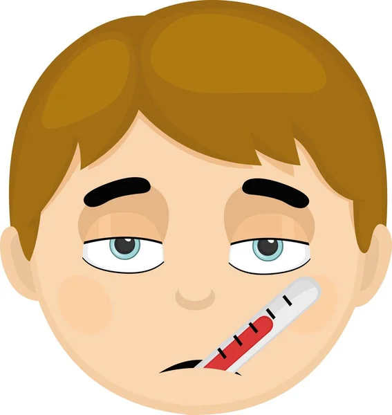 Vector Illustration Cartoon Boy Face Pale Face Fever Thermometer His — Stock Vector