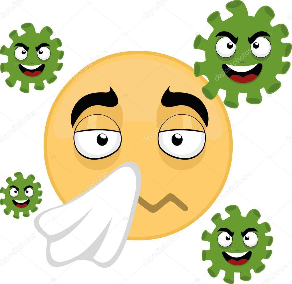 Vector illustration of cold emoticon wearing a handkerchief and surrounded by cartoon coronavirus characters