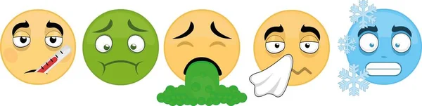 Ilustração Vetorial Emoticons Vários Estados Saúde Gripe Febre Baixa Temperatura —  Vetores de Stock