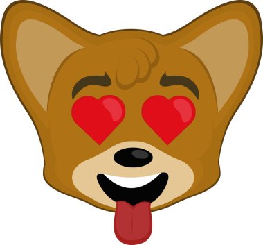 Çizgi film tilkisinin kafasının, kalp şeklinde gözleri ve dili dışarı fırlamış bir aşk ifadesiyle vektör simgesi.