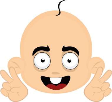 Mutlu bir ifadeyle bir çizgi film bebeğinin kafasının vektör simgesi ve sevgi ve huzur dolu elleriyle bir jest yapıyor.