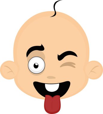 Mutlu bir ifadeyle bir çizgi film bebeğinin kafasının vektör gösterimi, dil dışarı ve göz kırpma