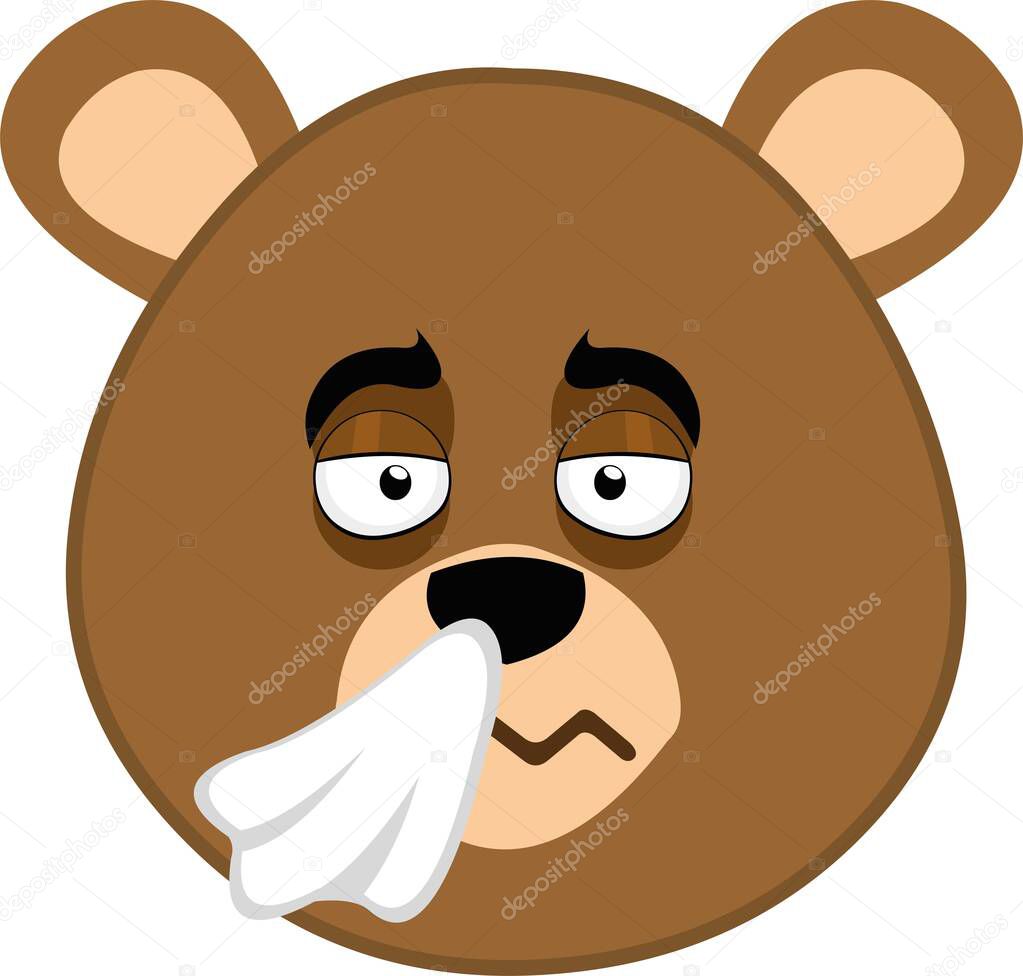 Vector illustration of emoticon of the head of a cartoon bear, cold and with a tissue on his nose