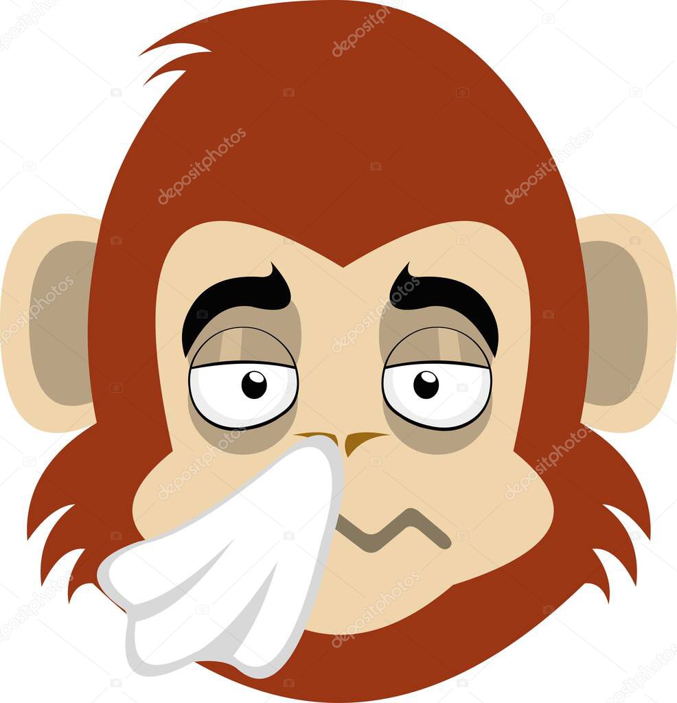 Vector emoticon illustration of the face of a cartoon monkey with a tissue on his nose and an expression of flu