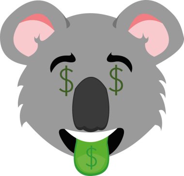 Gözlerinde ve dilinde dolar işareti olan çizgi film koalasının vektör simgesi.