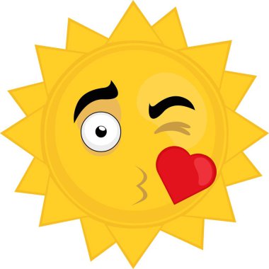 Kalp şeklinde bir öpücük ve göz kırpan güneş karakterinin vektör simgesi.