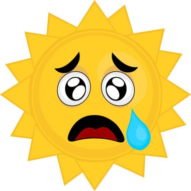 Hüzünlü bir ifadeyle ve gözlerinden akan yaşlarla güneşin çizgi film karakteri simgelerinin vektör çizimi