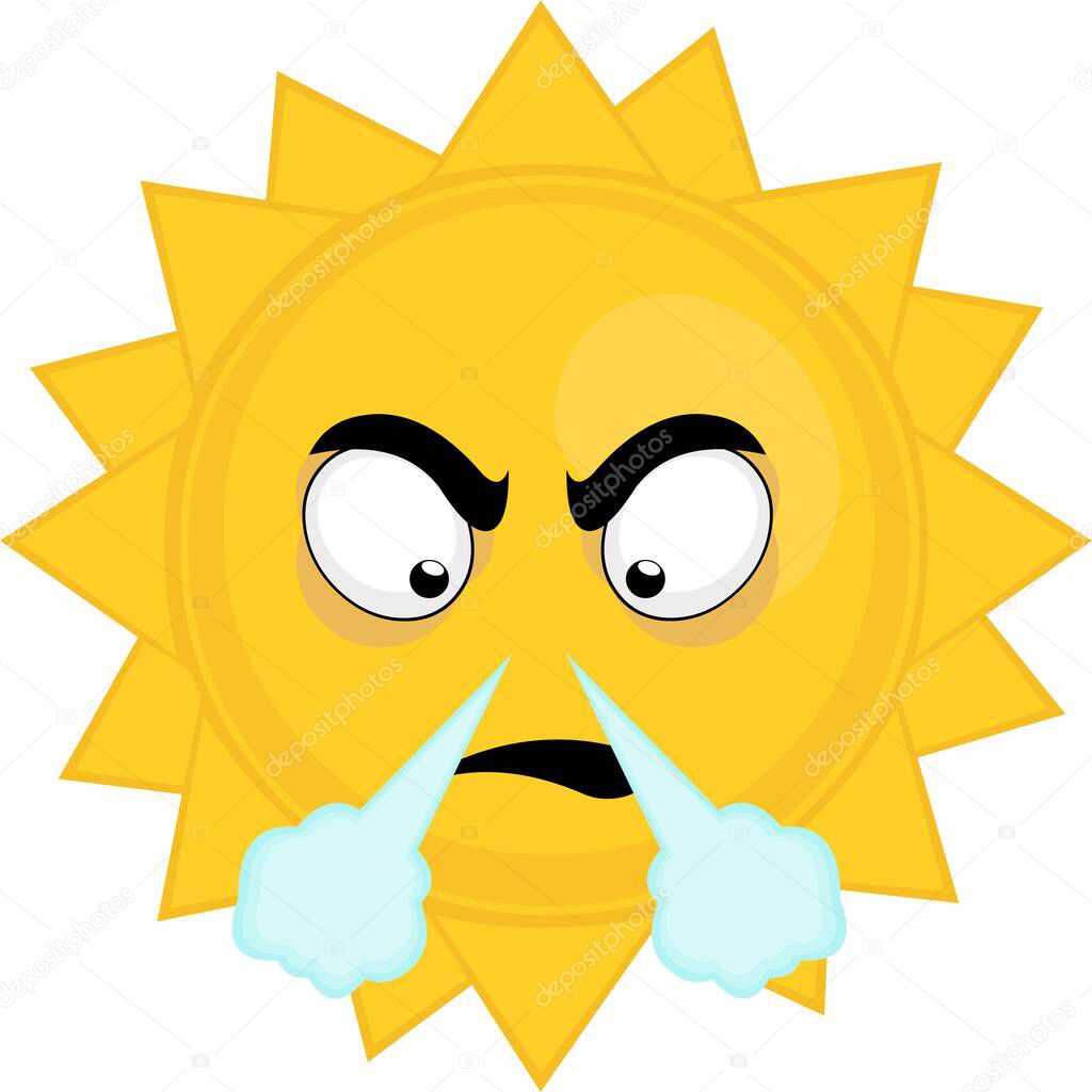 Vector emoticon illustration of cartoon character of the sun with an angry expression and fuming