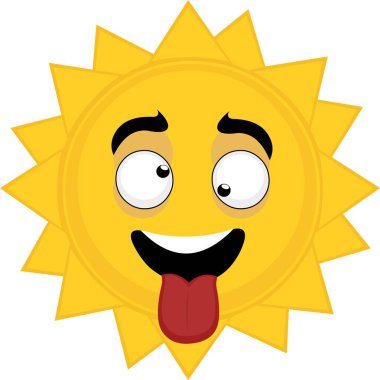 Komik ve aptalca bir ifadeyle güneşin çizgi film karakteri simgesinin vektör çizimi