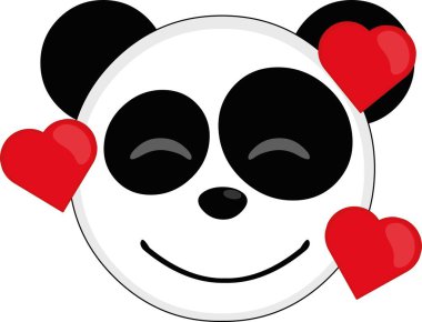 Kalplerle çevrili bir karikatür panda yüzünün vektör simgesi.