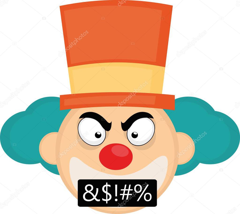 Vector emoticon illustration of the face of a cartoon clown with a hat, angry and insulting