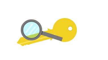 video animation key and magnifying glass in keyword concept icon, on a white background screen color