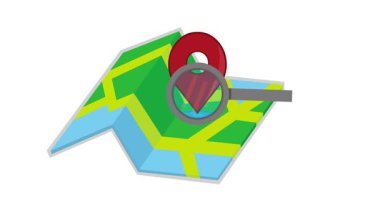 video animasyon haritası, sokak adresi konsepti simgesinde arama yapan GPS simgesi ve büyüteç beyaz arkaplan ekranında konsept simgesi