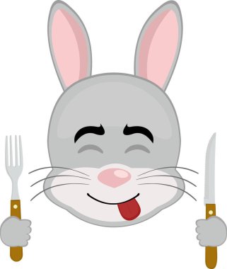vector illustration emoticon character face rabbit rodent animal, an expression of yummy how delicious with a knife and fork in his hands
