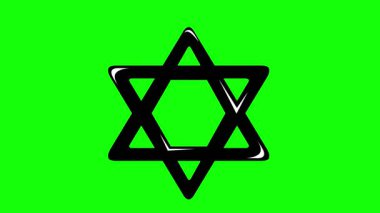 Video animasyonu. David Yahudi din sembolünün siyah beyaz yıldızı. Yeşil renkli anahtar arka planda.