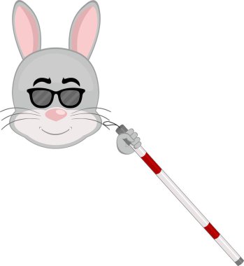 Vektör illüstrasyon simgesi karakter yüz tavşan kemirgen hayvan, elinde baston ve güneş gözlüğü olan kör adam