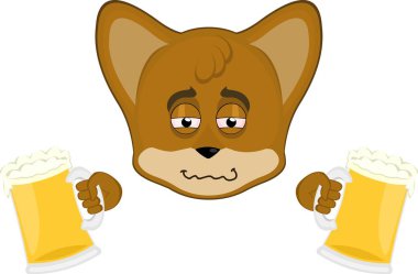 Vektör illüstrasyon simgesi karakter yüzü elinde bira bardaklarıyla sarhoş tilki surat.