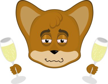 Şampanyayla ya da elinde elma şarabıyla sarhoş bir tilki yüzlü vektör çizimi.