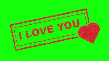 Video animasyonu, kırmızı aşınmış doku, lastik mühür. Yeşil renkli anahtar arka planda, metin ve kalp sembolünü seviyorum.