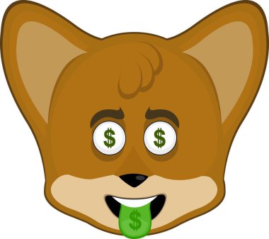 vektör illüstrasyon simgesi karakter yüzü tilki suratlı hayvan, yığınla dolar kağıt paralarını sayıyor