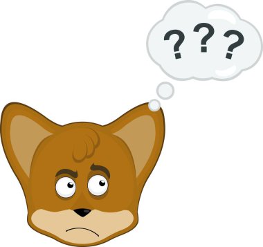 vektör illüstrasyon simgesi karakter yüz Fox hayvan, şüpheli bir ifade ve soru işaretleri ile düşünce bulutu