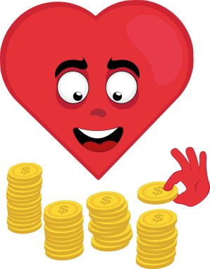 Vektör illüstrasyon simgesi karakter kalp karikatürü, bir yığın madeni parayı sayarak