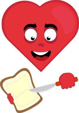 Vektör illüstrasyon simgesi karakter kalp karikatürü, yayıcıyla bir dilim ekmeğe tereyağı sürüyor.