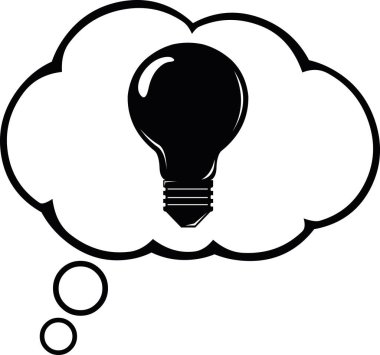 İyi fikir veya yaratıcılık kavramında, ampullü bir düşünce bulutunun siyah beyaz vektör çizimi