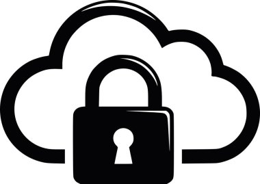 asma kilitli bir bulutun siyah ve beyaz ikon vektör çizimi, veri koruması ve siber güvenliğin sembolü, güvenli depolama, gizlilik ve teknoloji kavramları için ideal