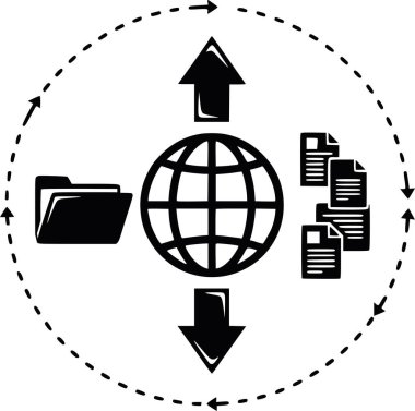 İnternet, dosya paylaşımı, bulut depolama ve küresel bağlantı kavramları için ideal, okları, dizini ve belgeleri yükleyen bir siyah beyaz internet simgesinin vektör çizimi