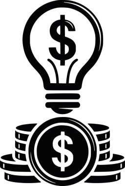 Kârlı fikirler, yatırım ve finansal başarı kavramını temsil eden, madeni para yığınının üzerinde dolar işareti olan bir ampulün siyah dolgu vektör çizimi