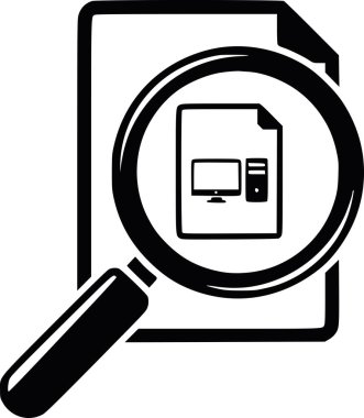 Bilgi araması, veri analizi ve dijital dosya yönetimini temsil eden, bilgisayarlı bir belgenin üzerinde büyüteç gösteren siyah doldurma vektör çizimi