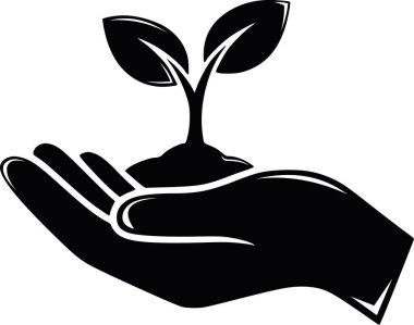 Toprakta büyüyen bir filizi koruyan bir elin vektör çizimi, akıl hocalığı, ekoloji ve gelişim kavramı, siyah dolgulu siluet tasarımı ve beyaz renksiz negatif alanlar