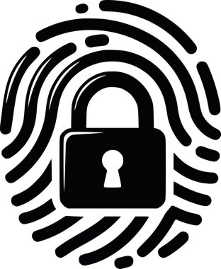 Siyah doldurma vektör illüstrasyonu bir güvenlik kavramını parmak izi ve açık asma kilit ile sunar incinebilirliği veya biyometrik erişimi temsil eden ideal bir simge