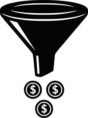 Dolar sembollü huni işleme sikkelerinin vektör çizimi. Pazarlama, satış dönüşümü ve yatırımdan geri dönüş kavramı. Katı siyah dolgulu ve beyaz renksiz tasarım.