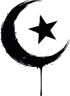 Siyah mürekkeple boyanın damladığı İslami sembol. Grunge Hilal Ayı ve yıldız vektörü beyaza izole edildi. Modern tasarım ve giyim için sanatsal dini simge