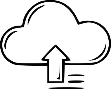 Veri yüklemesini gösteren yukarı doğru ok olan bulut vektörü, siyah doldurmalı karalama biçimi tasarımı ve hiçbir vuruş ya da beyaz dolgu yok. Bulut hesaplama ve depolama kavramları için ideal