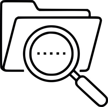 Veri arama ve dosya yönetimini temsil eden büyüteçle birlikte yaratıcı klasör. Elle çizilmiş siyah mürekkep vektörü. Beyaz dolgu yok, sadece siyah şekiller. simge gösterimi