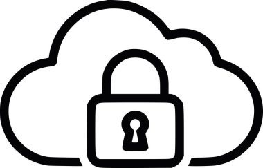 Güvenli veri depolama ve mahremiyeti temsil eden asma kilitli yaratıcı bulut simgesi. Elle çizilmiş siyah mürekkep vektörü. Beyaz dolgu yok, sadece siyah şekiller. simge gösterimi